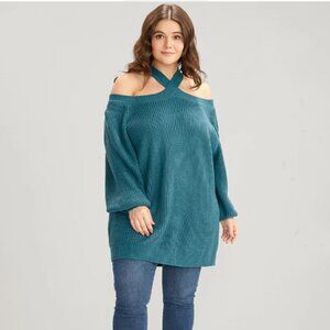 BloomChic Solid Pointelle Knit Lantern Sleeve Cold Shoulder Knit Top